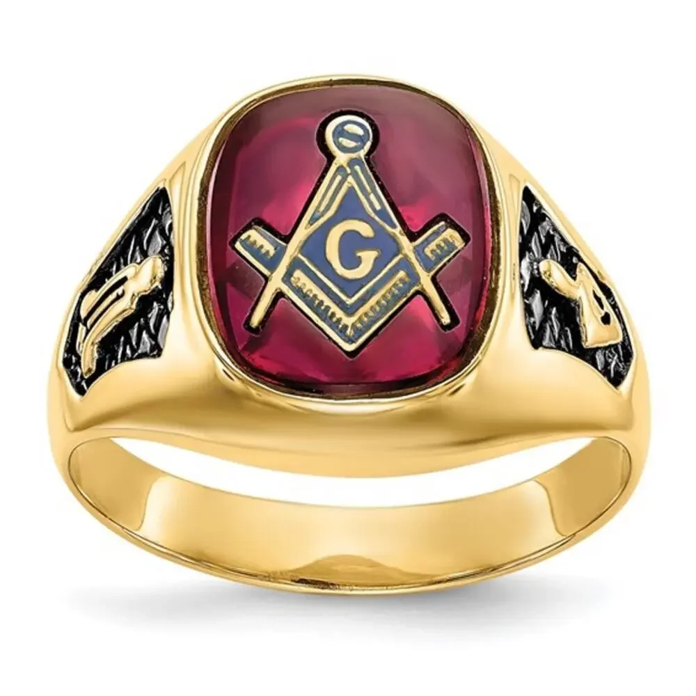 14k Gold Men's Lab Created Ruby Masonic Ring